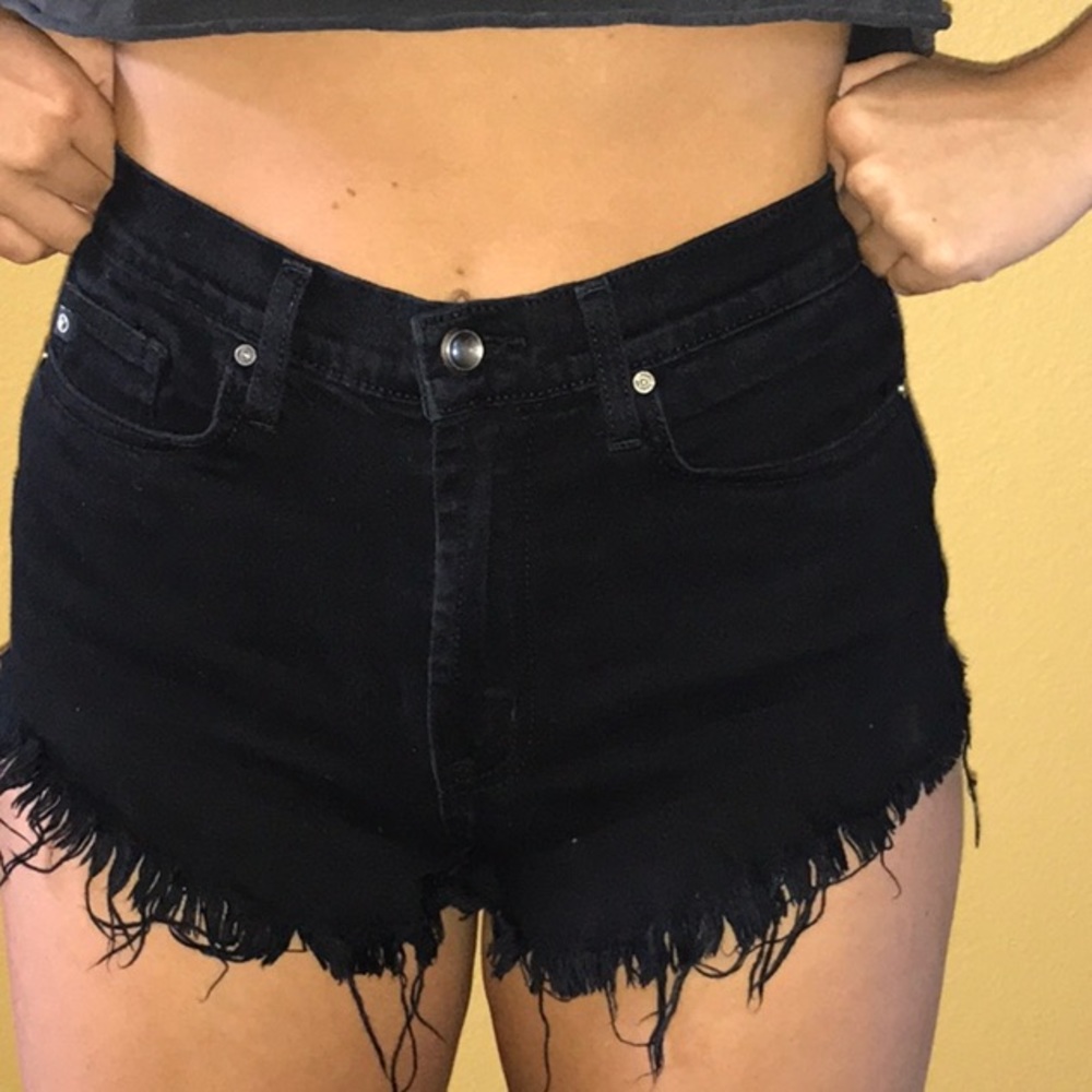 Black distressed denim shorts